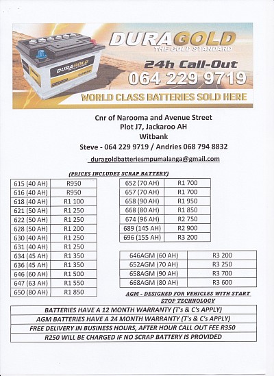 Price List, Battery Sizes, Warranty, Call out fee after hours